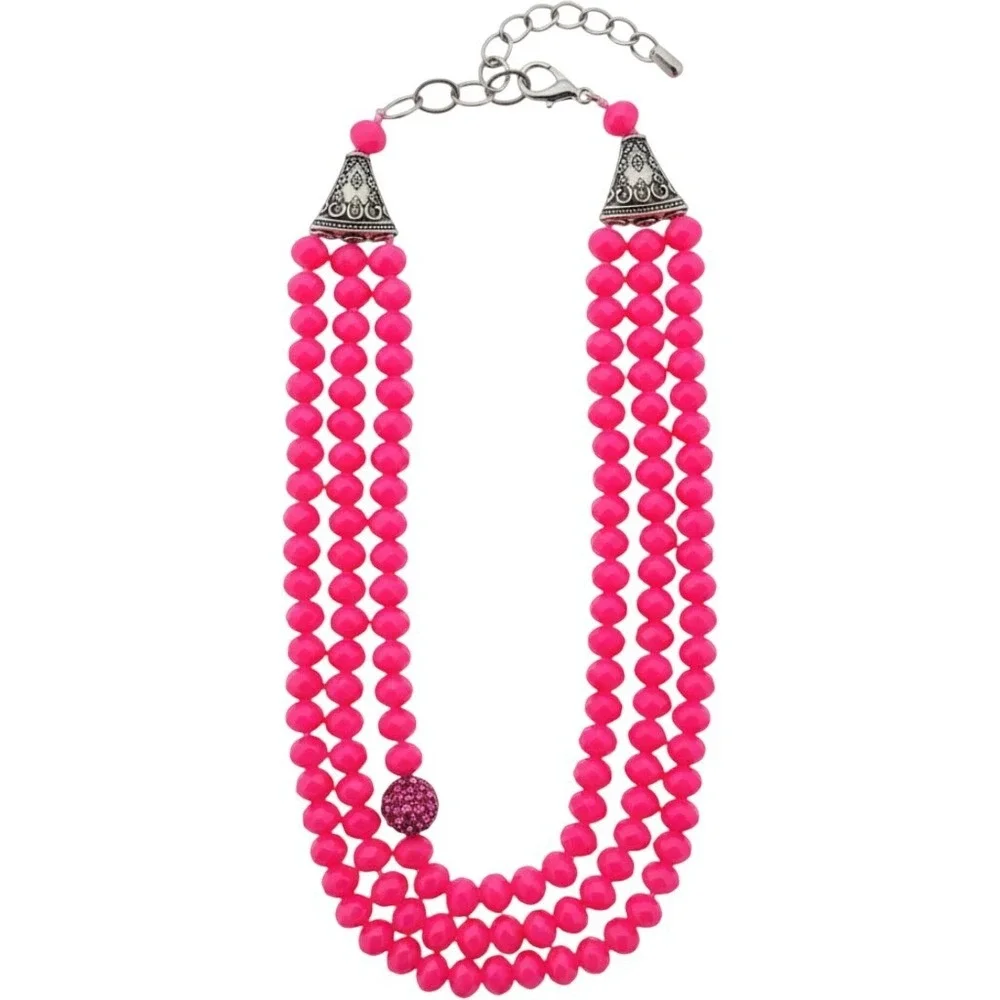 Triple Strand Necklace Womens Hot Pink Beaded Statement Pavé Ball
